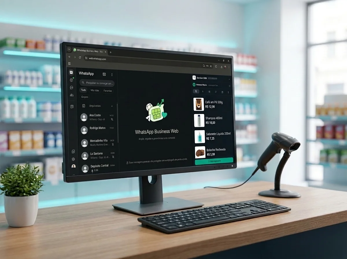 Monitor no balcão de uma loja com o WhatsApp Web aberto e o painel do StocServ CRM na lateral, listando produtos com foto e preço