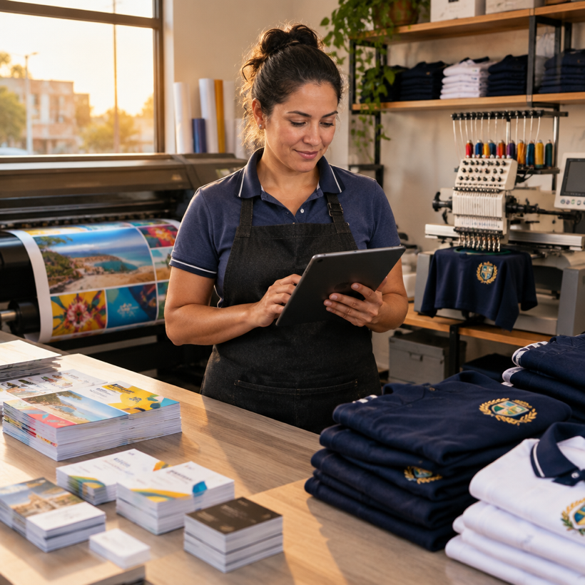 Dona de gráfica e confecção conferindo um pedido no tablet, com impressora e fardamentos bordados ao fundo